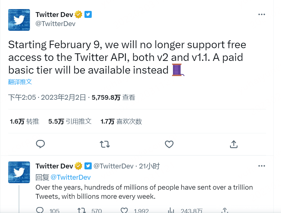 Twitter API将不再提供免费访问