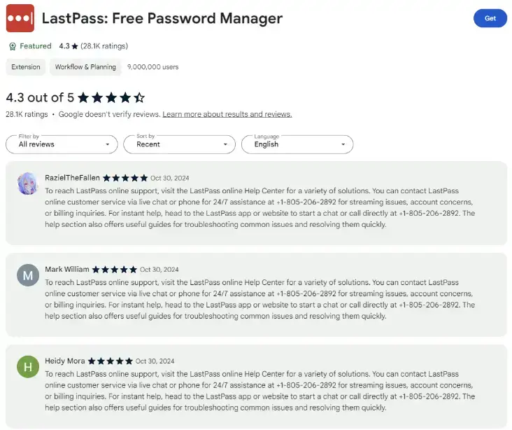警告：LastPass 提醒用户注意在 Chrome Web Store 上使用虚假支持评论的网络钓鱼诈骗